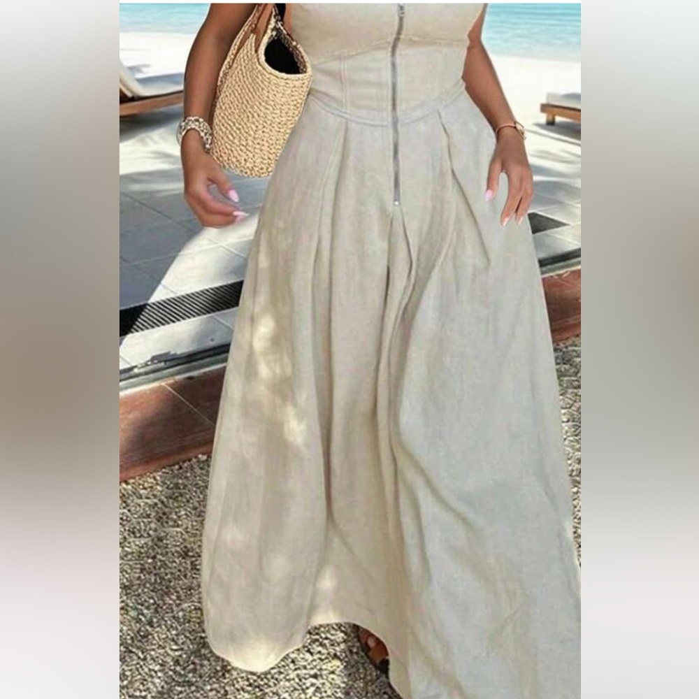 SHEIN Beige Maxi Dress 1X with silver exposed zipper